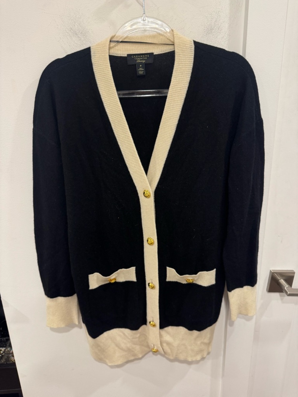 Charter Club Black and Cream Cashmere V-Neck Cardigan
